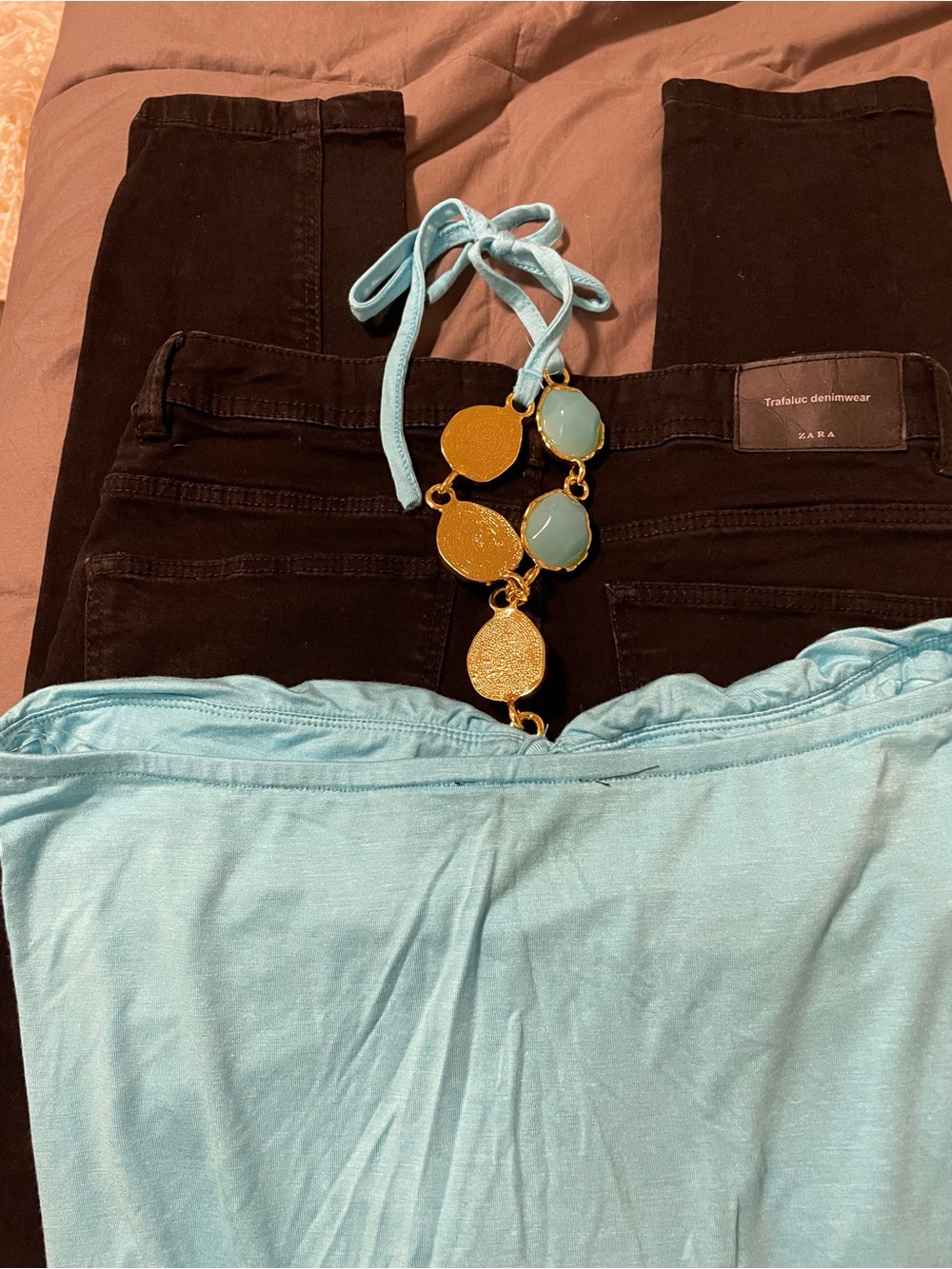 Zara black denim jeans size 6/Boston Proper Turquoise Halter top w/Gems Womens M - Picture 8 of 9